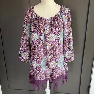 C.C Multicolor Bohemian Blouse with Fringe Size L